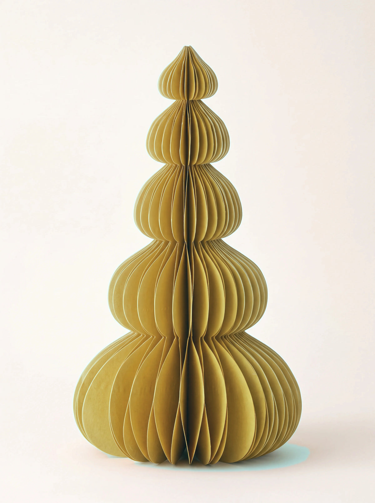Tiered honeycomb paper tree in pecan with five rounded, bulbous tiers