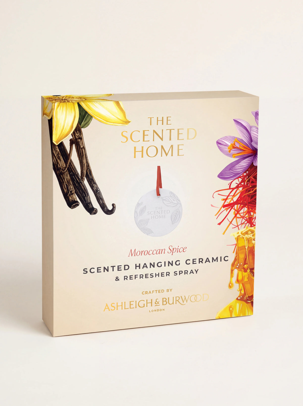 Packaging box reading Moroccan Spice Scented Hanging Ceramic & Refresher Spray
