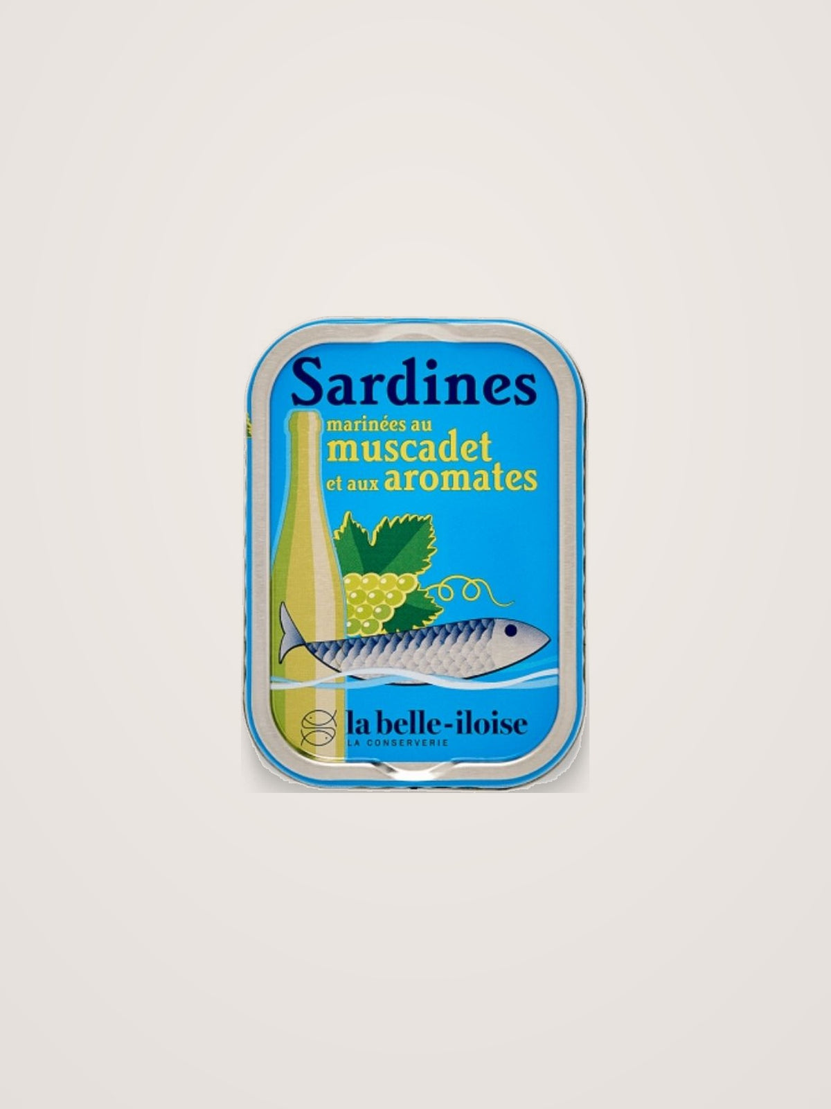 Sardine tin reading "Sardines marinées au muscadet et aux aromates" with an illustrated fish and wine bottle
