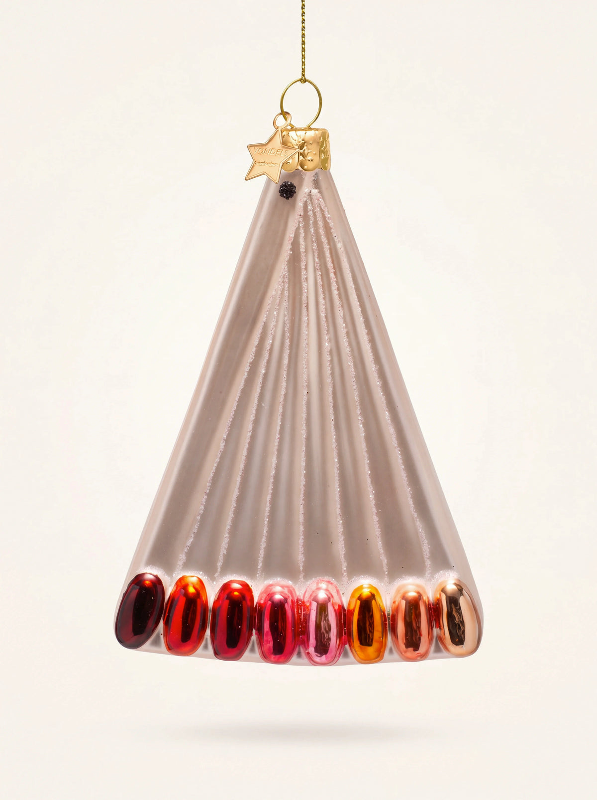 Glass nail swatches Christmas ornament in pearlescent pink with glitter lines and colourful glossy tips