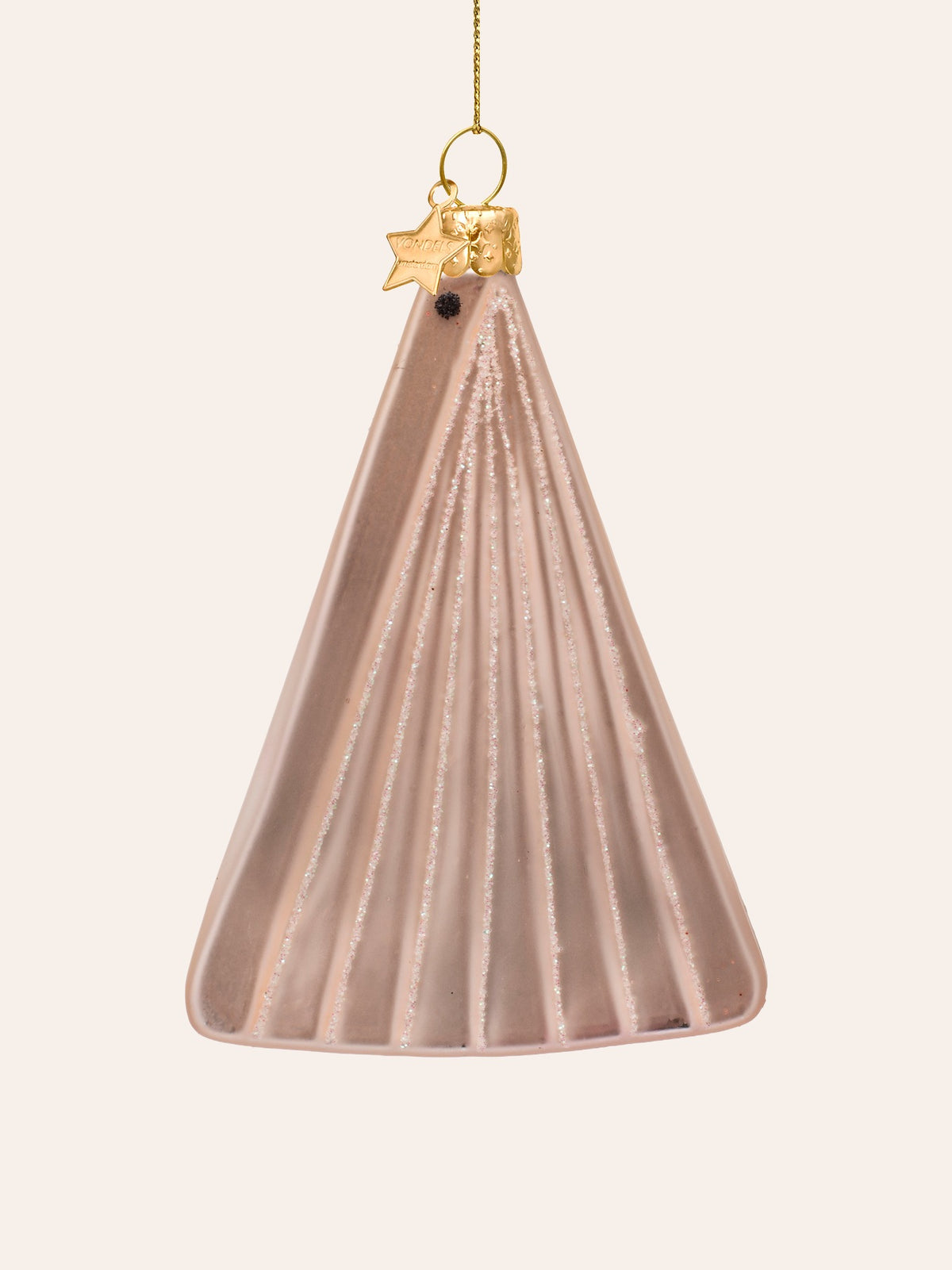 Reverse side of the nail swatches ornament showing the fluted pink glass and glitter lines