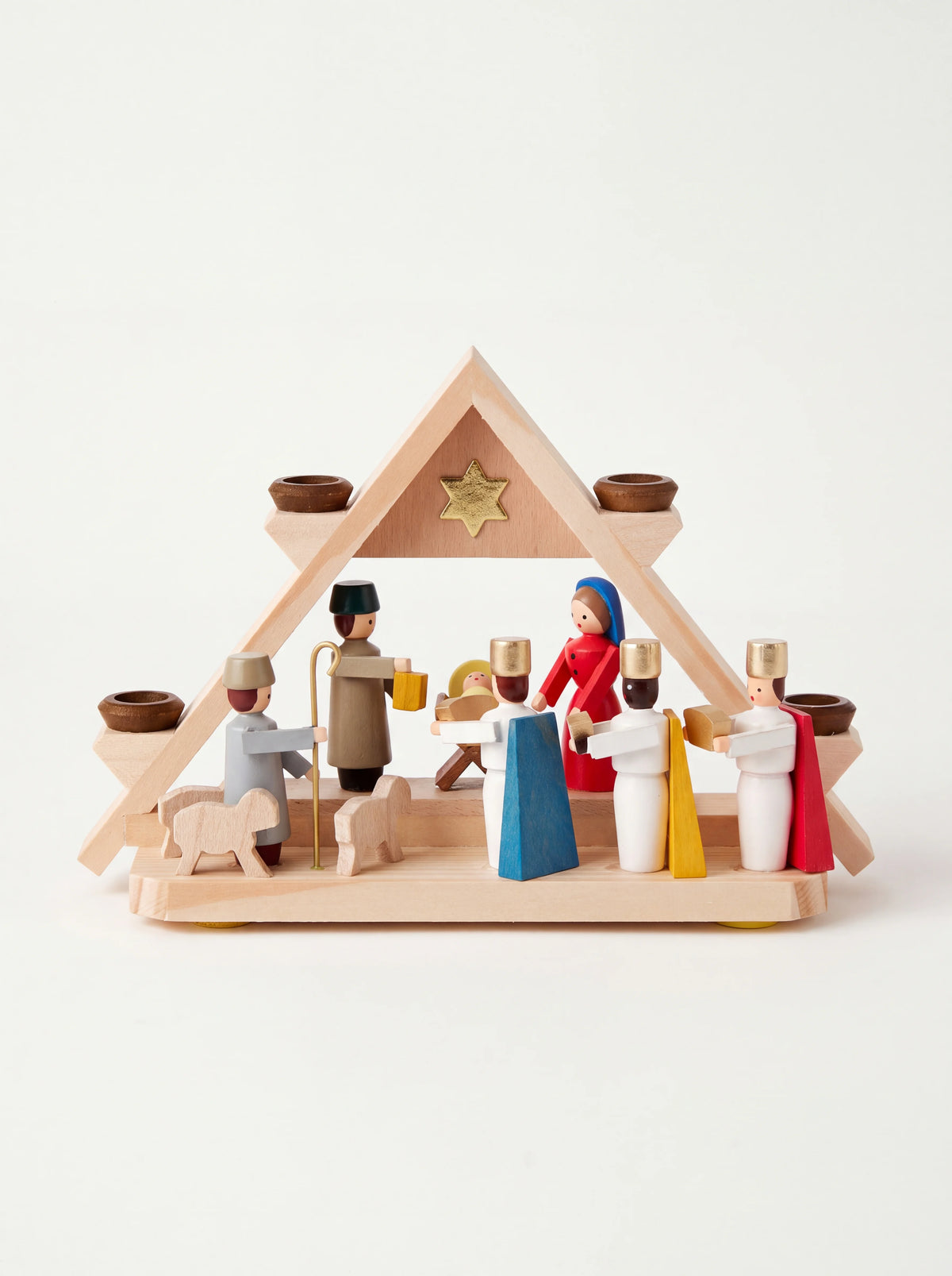 Triangular wooden candle arch with miniature nativity figurines, four candle sockets and a gold star
