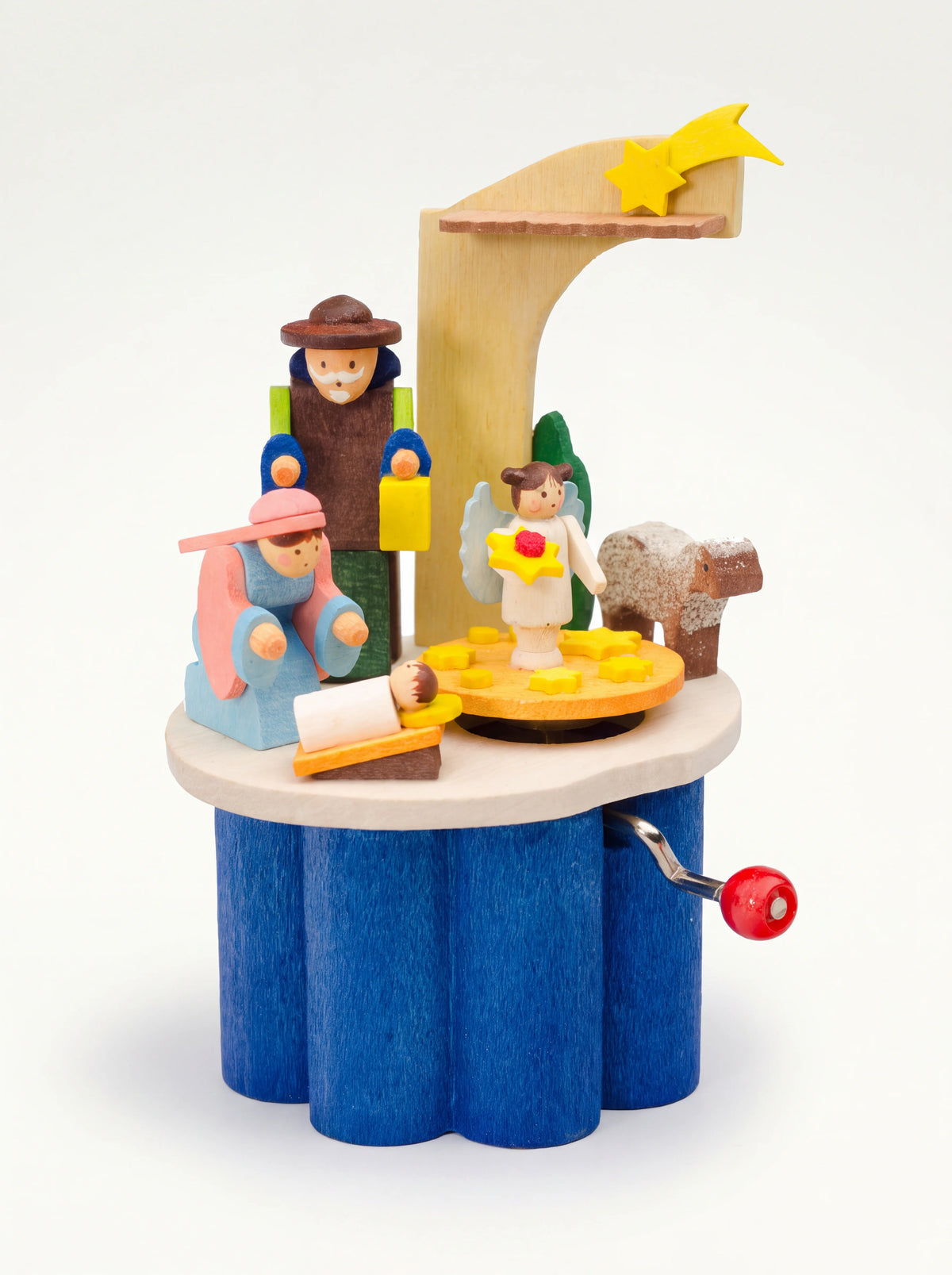 Maple wood Nativity music box with painted figures, an arch and a star on a fluted blue base with hand crank