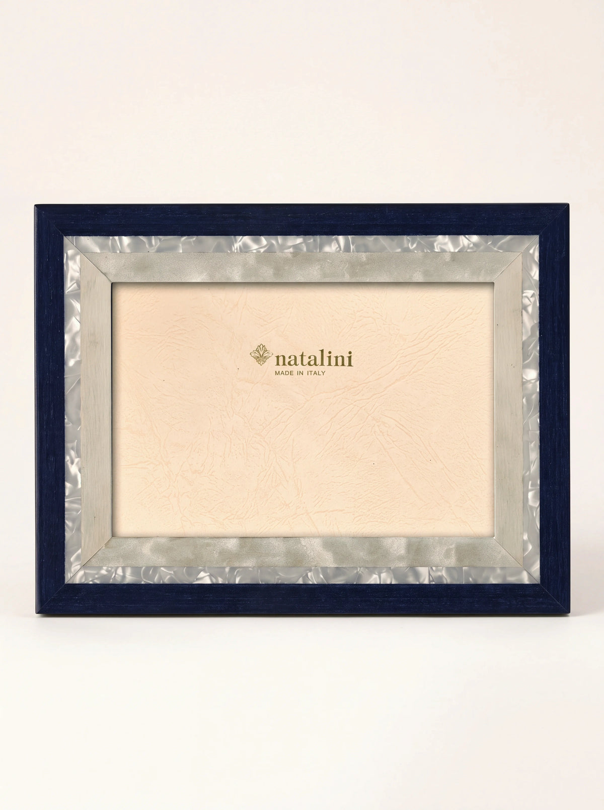 Inlaid wood veneer photo frame with a glossy navy outer border and pearlescent inlay