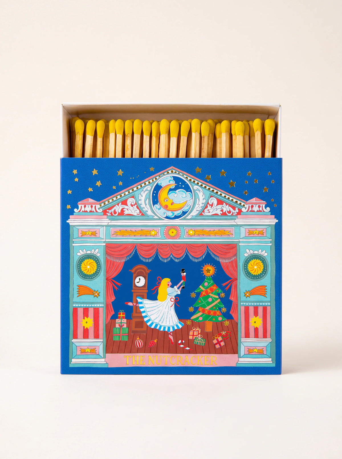 Matchbox with Nutcracker theatre illustration, slid open to show yellow-tipped wooden matches