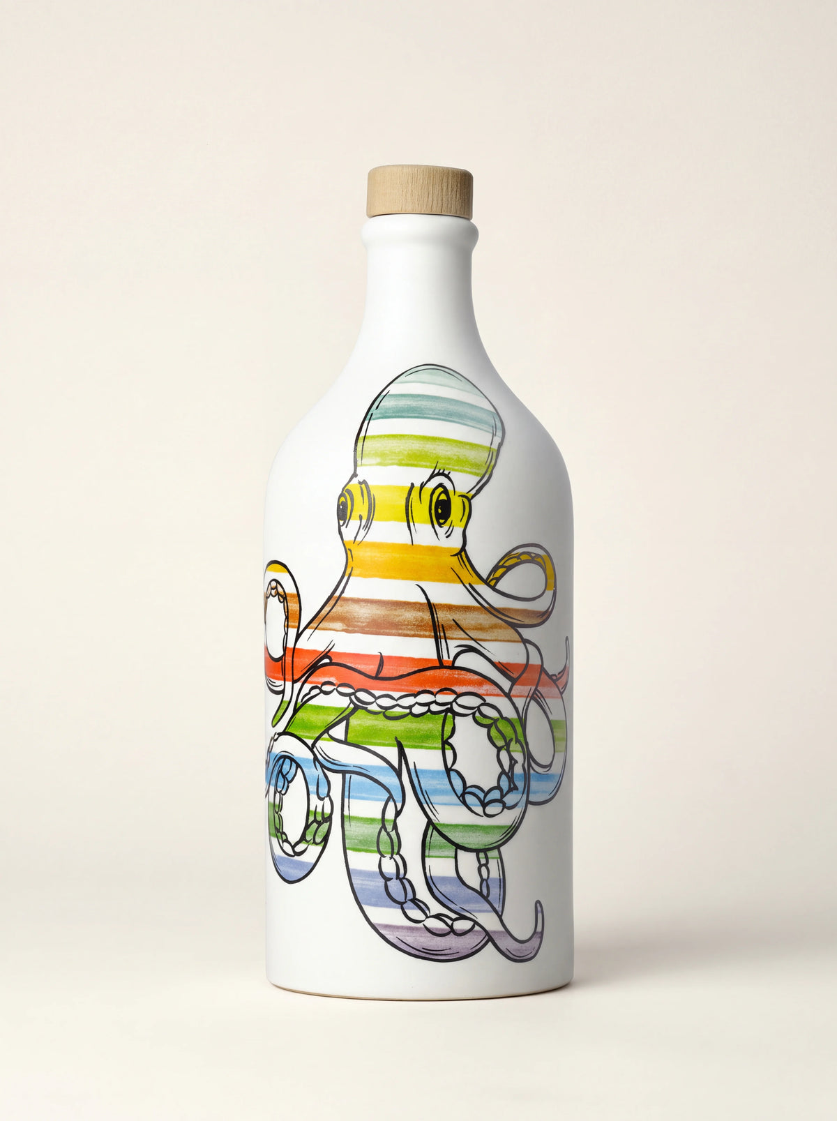 White ceramic olive oil bottle with a rainbow-striped painted octopus motif and wooden stopper