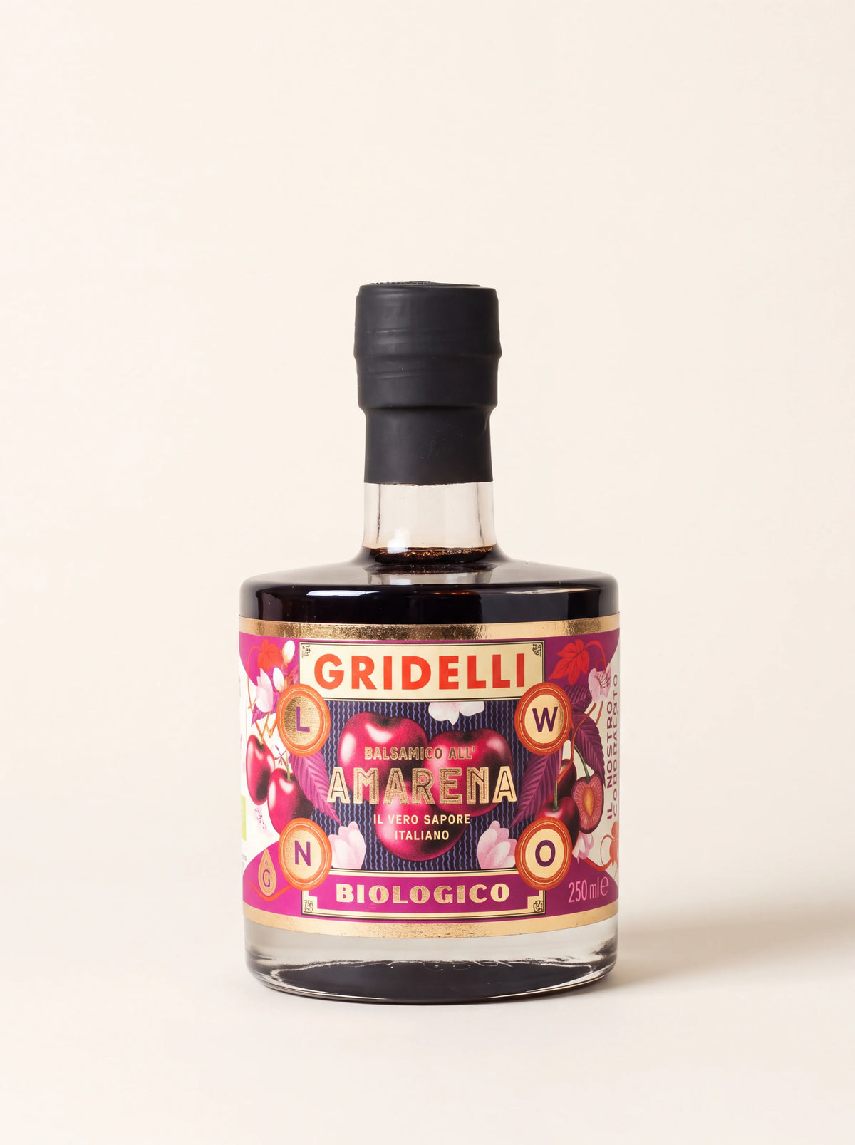 Amarena balsamic vinegar in a round 250 ml glass bottle labelled Balsamico all' Amarena Biologico