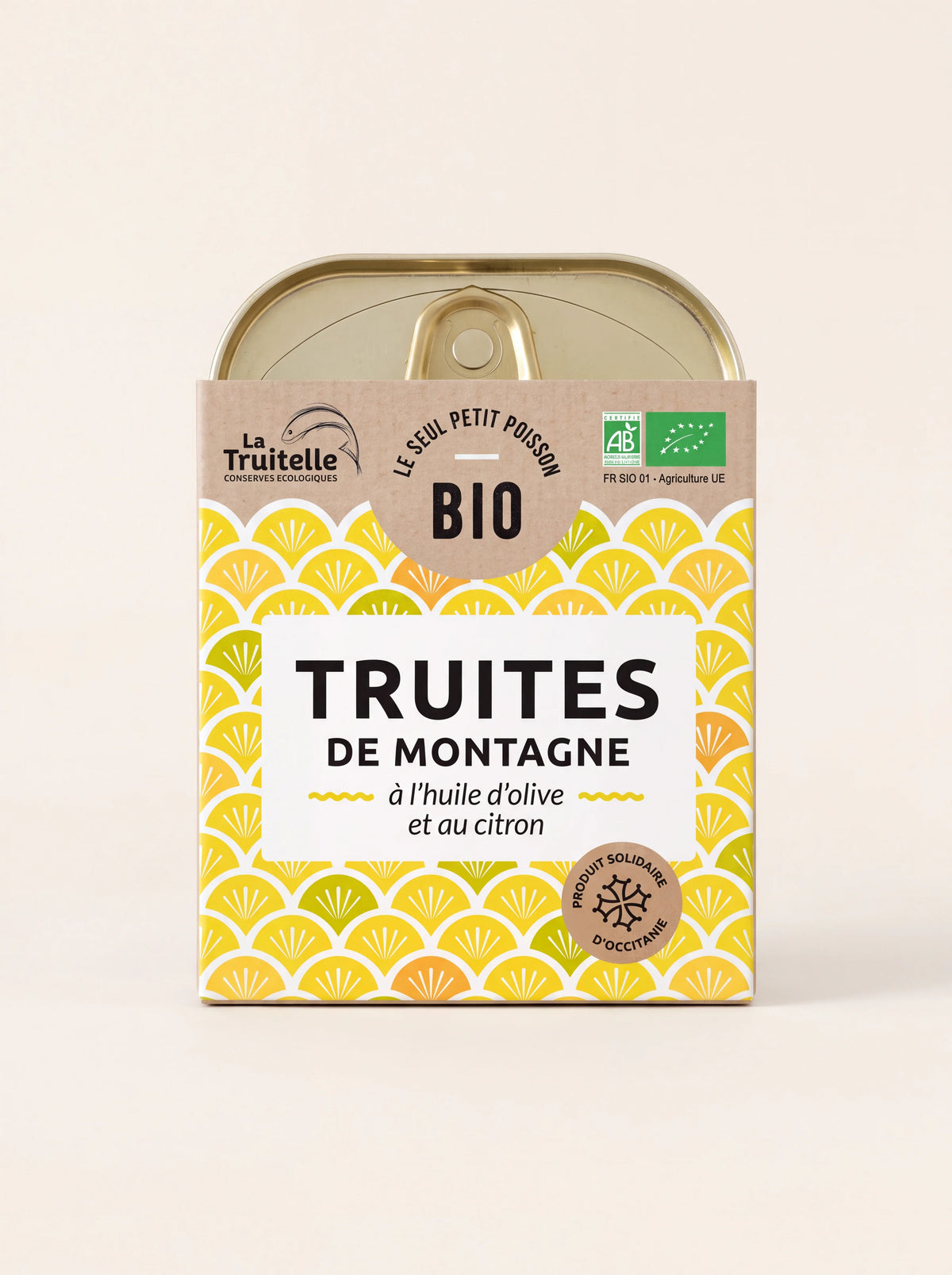 Tin of organic mountain trout with lemon in olive oil, in a yellow patterned cardboard sleeve