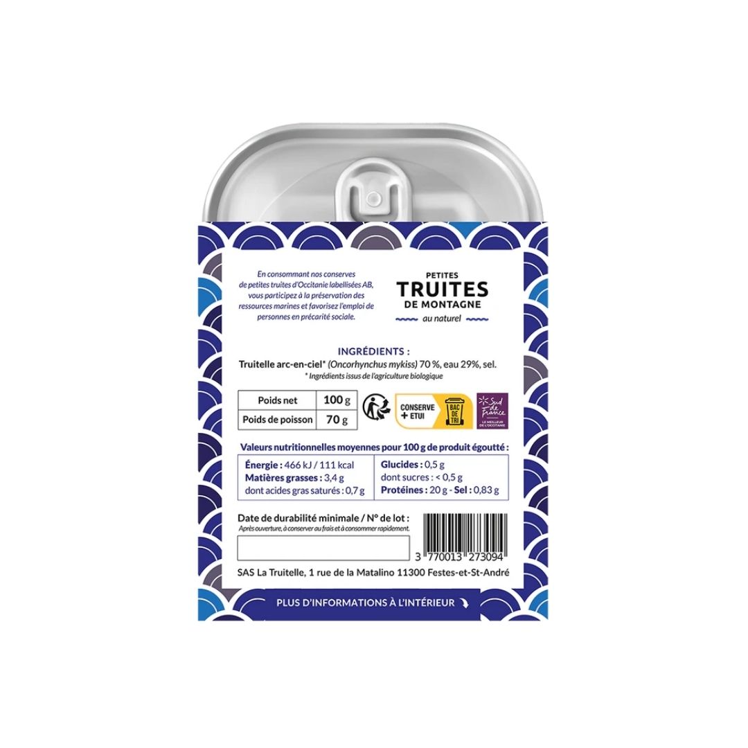 Back of the tin sleeve showing ingredients, nutritional values table, and 100 g net weight