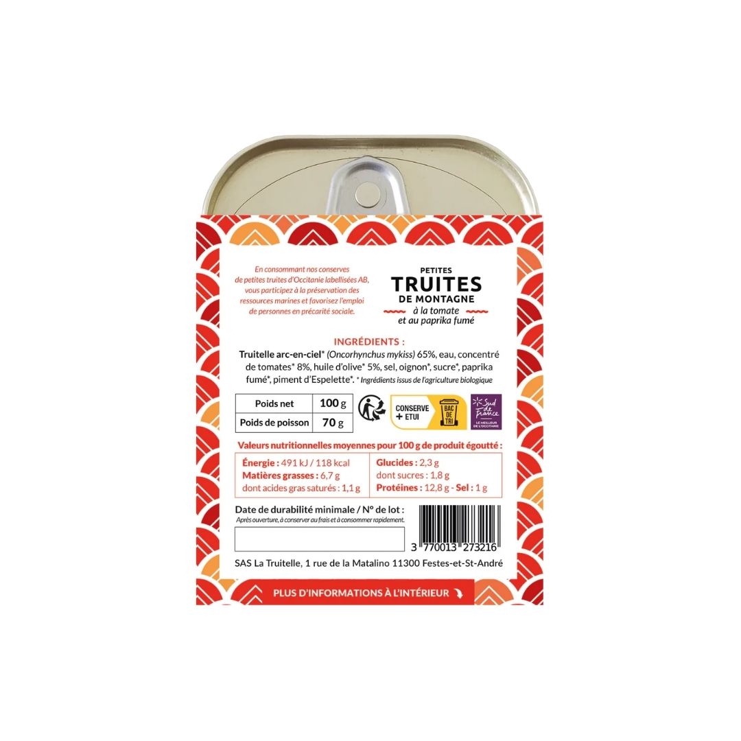 Back of the packaging showing ingredients, nutritional table, net weight of 100 g and barcode