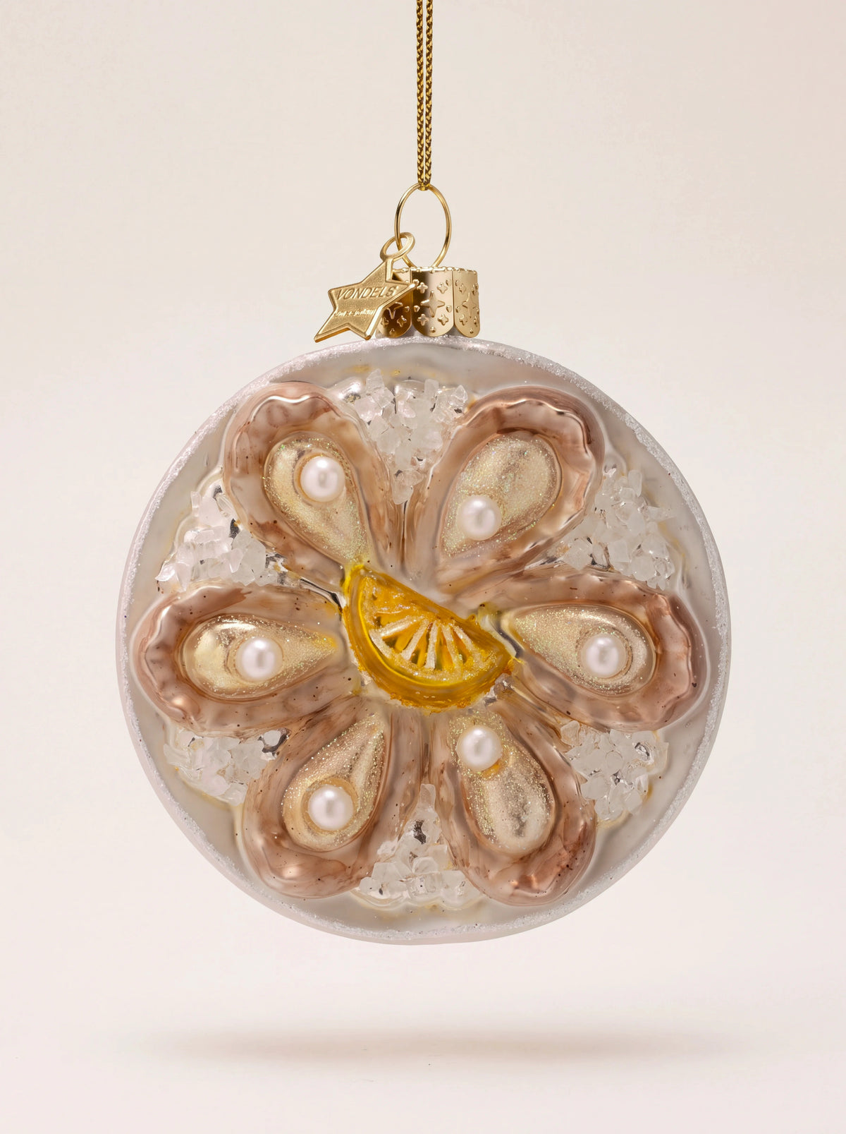 Glass oyster plate Christmas ornament with six oysters, pearls, and a lemon wedge on crushed ice