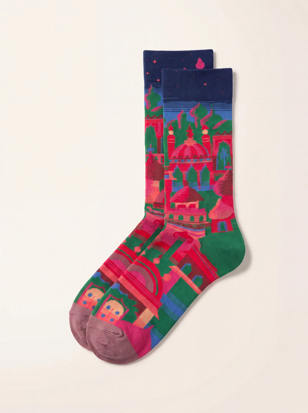 Cotton-blend socks featuring a colourful architectural palace motif with dark blue ribbed cuffs