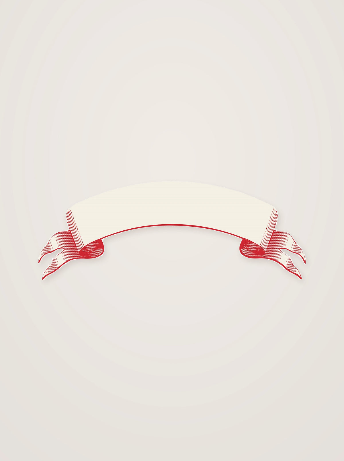 Paper banner table accent with an arched blank scroll and red hatched detail on folded ribbon tails