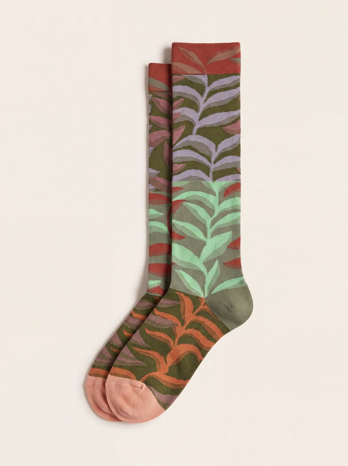 Cotton-blend knee-high socks with botanical leaf patchwork in green, rust, lavender and peach