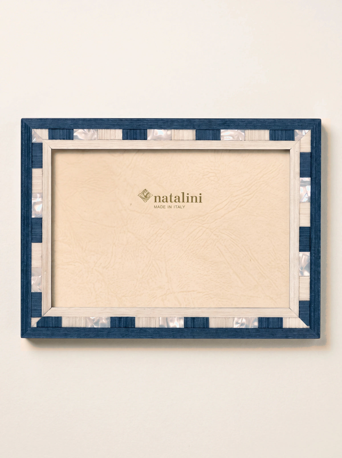Blue inlaid wood photo frame with a chequered border of dark blue, pale wood and mother-of-pearl squares