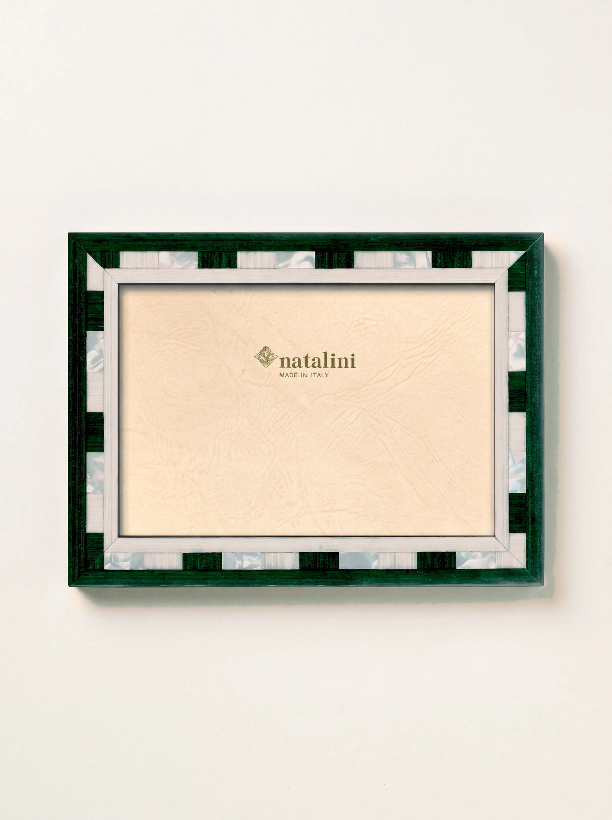 Dark green inlaid wood photo frame with a pearl check pattern, insert reads natalini MADE IN ITALY