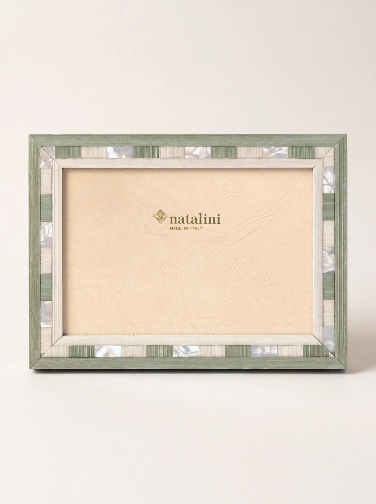 Light green inlaid wood photo frame with a chequered border of green veneer and pearlescent accents