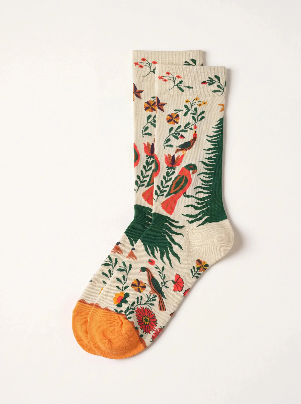 Cream crew socks with illustrated bird and floral pattern, green heels and orange toes