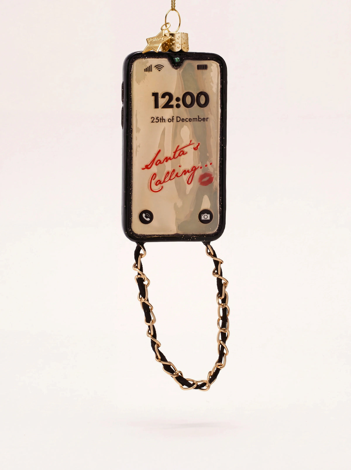 Glass mobile phone Christmas ornament with chain strap, displaying 12:00 and Santa's Calling on screen