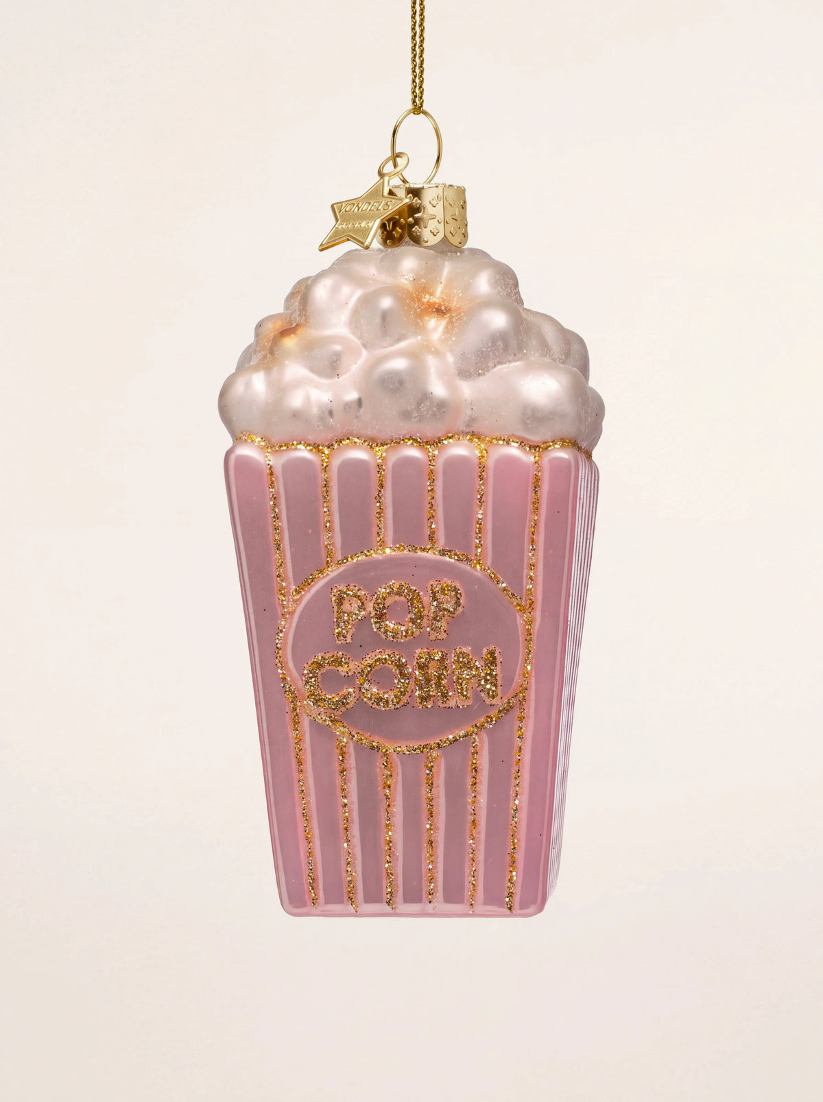 Popcorn box glass Christmas ornament in pink with gold glitter stripes and lettering