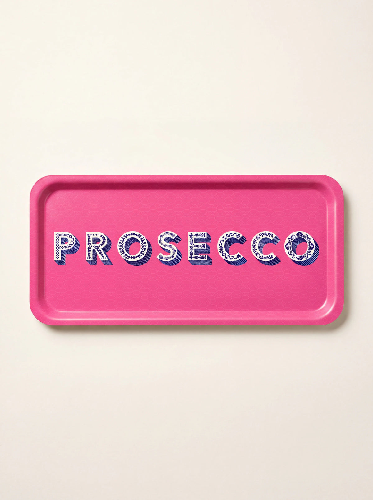 Rectangular pink birch wood tray with a raised rim and patterned block lettering reading PROSECCO