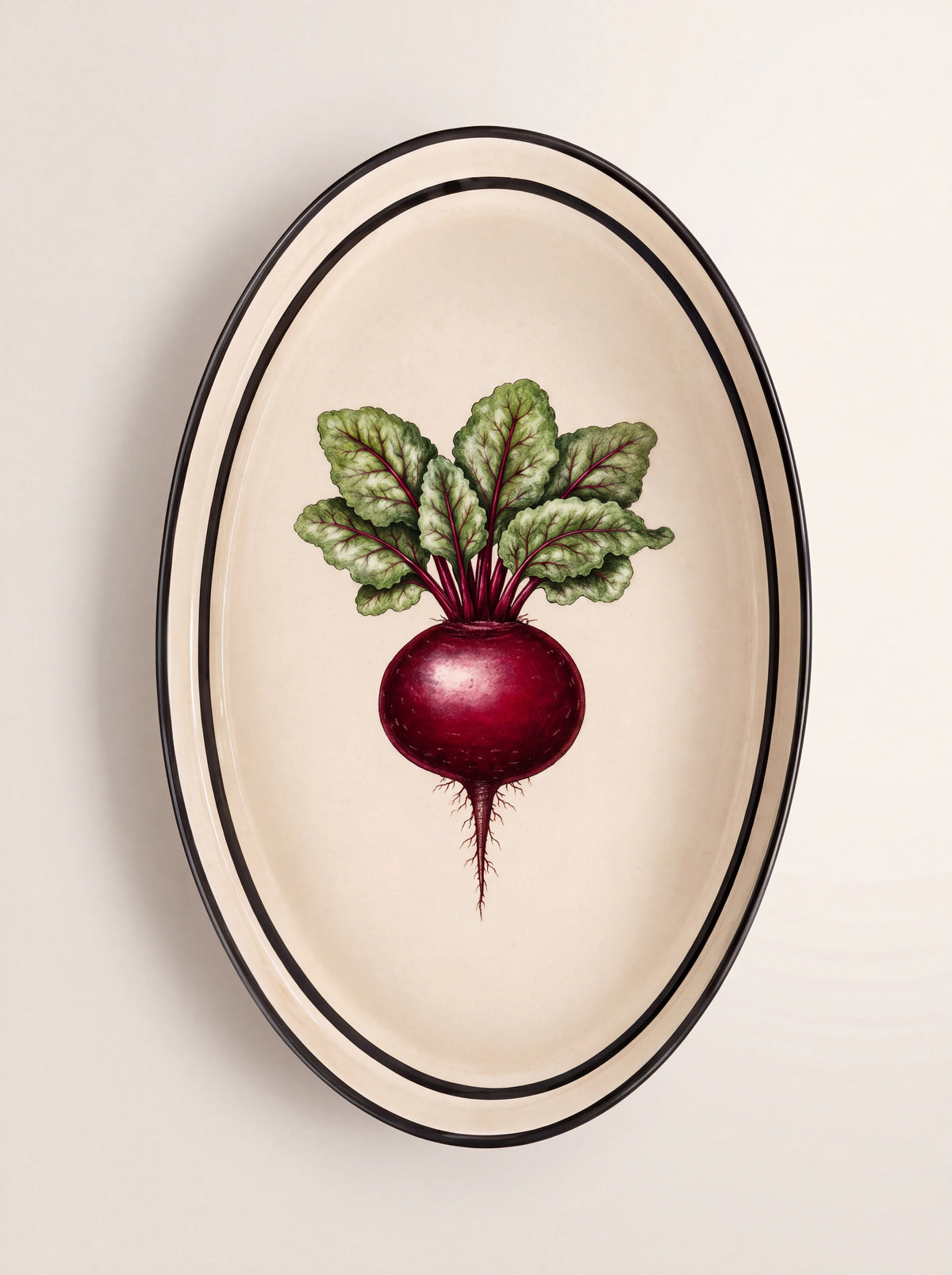 Oval iron tray in off-white with a hand-painted radish motif and dark border lines along the raised rim