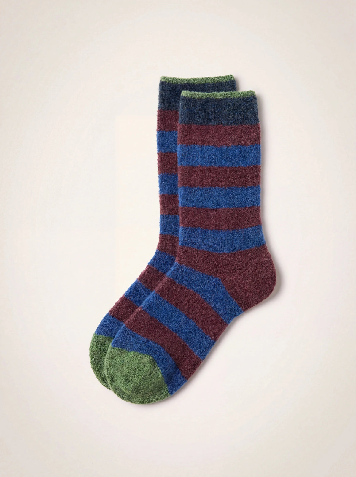 Wool-blend socks with blue and burgundy horizontal stripes and contrasting green toes and cuffs