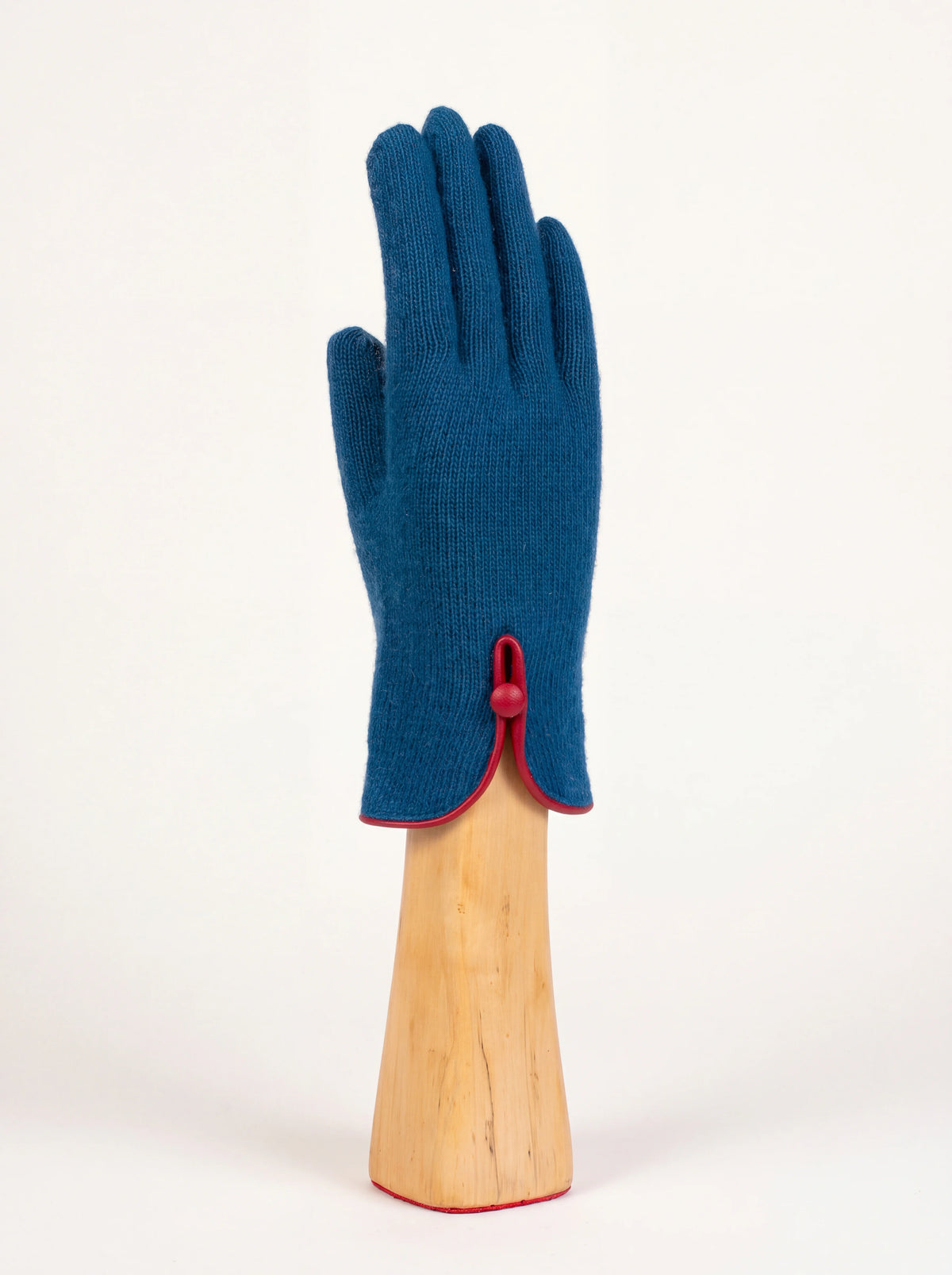 Petrol blue knitted wool and cashmere glove with red-piped split cuff and button detail