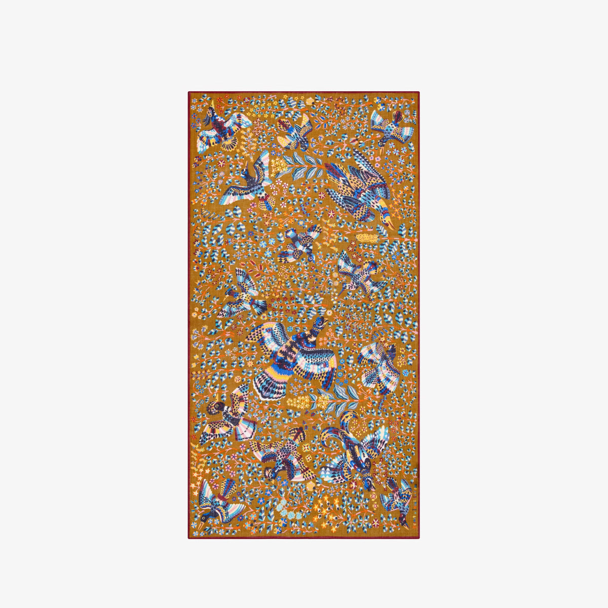 Rectangular brown wool scarf laid flat, featuring an all-over multicoloured bird pattern and red border