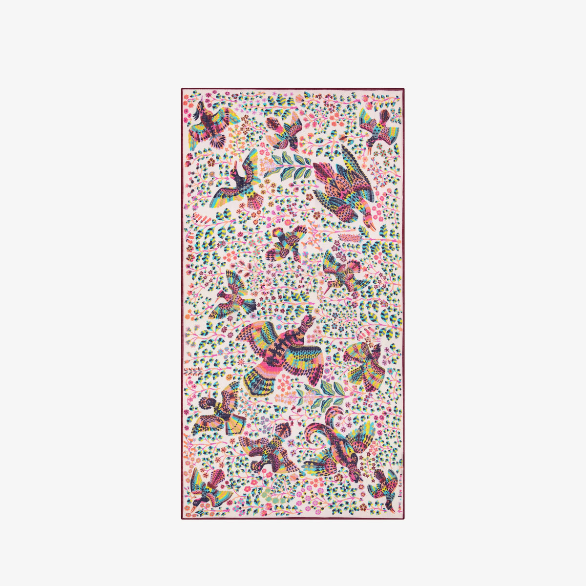 Rectangular wool scarf featuring a colourful bird and foliage print with a burgundy border