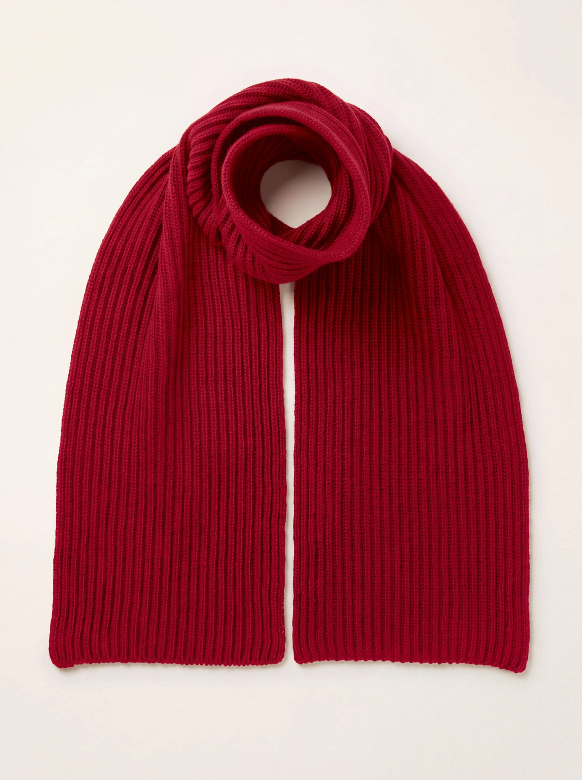 Claret ribbed cashmere scarf looped at the top with both ends hanging down