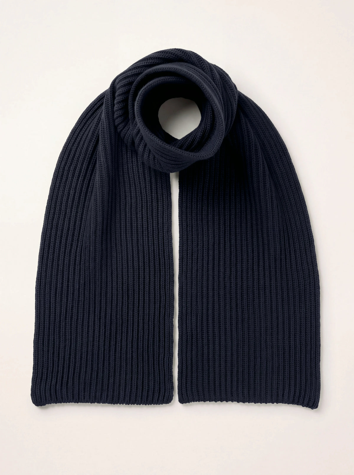 Dark navy ribbed cashmere scarf looped at the top with straight hanging ends
