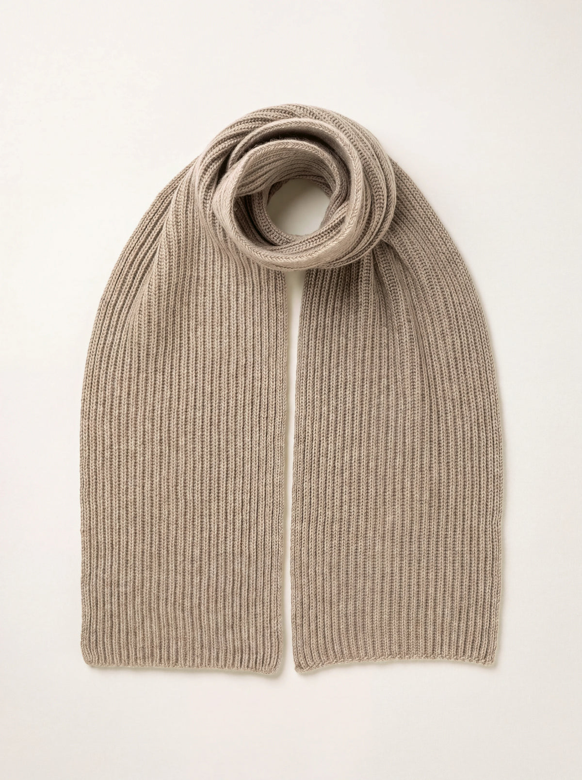 Ribbed cashmere scarf in light beige, looped at the top with two straight hanging ends