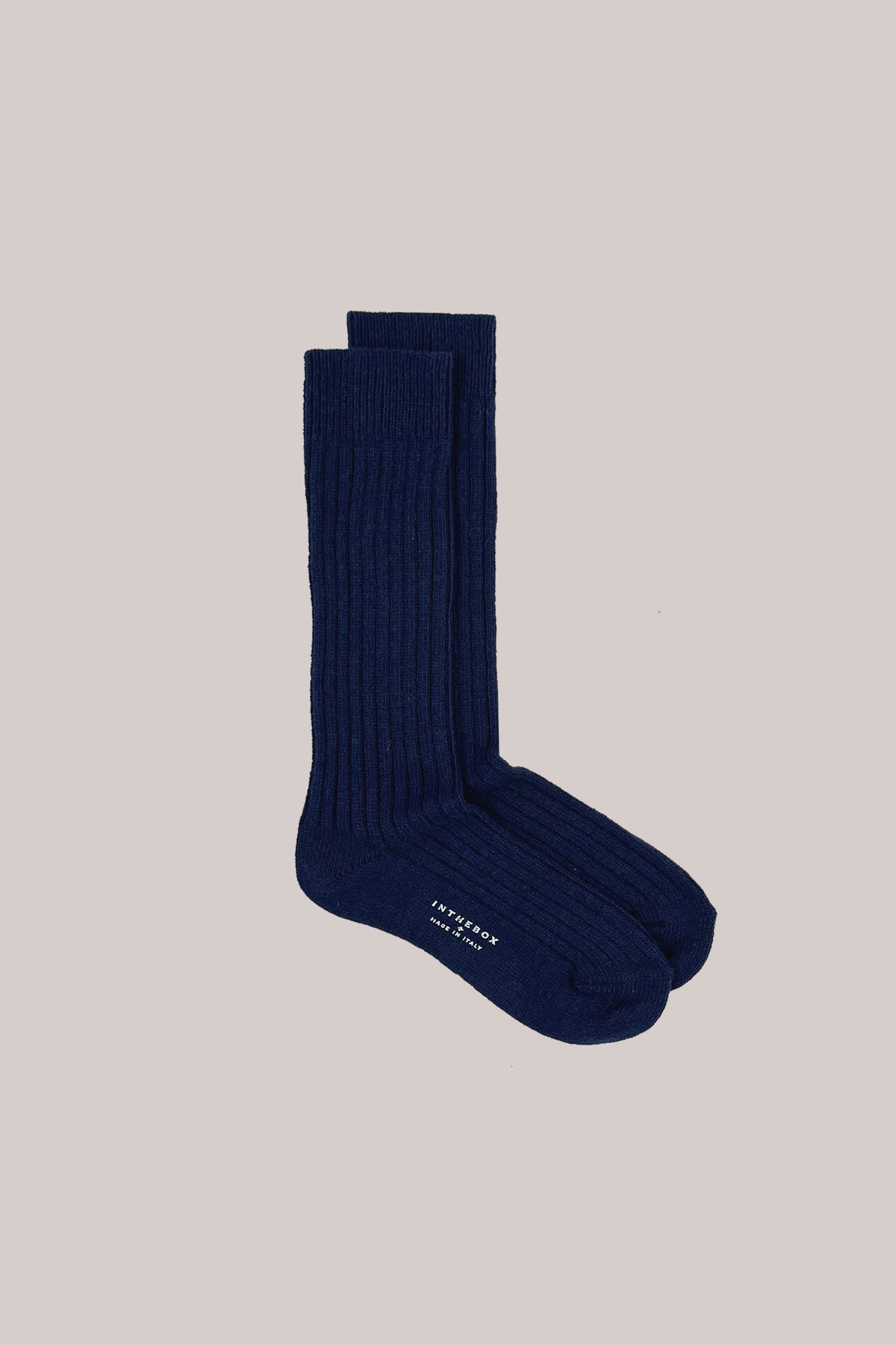Dark blue ribbed mid-calf socks with INTHEBOX Made in Italy printed on the sole