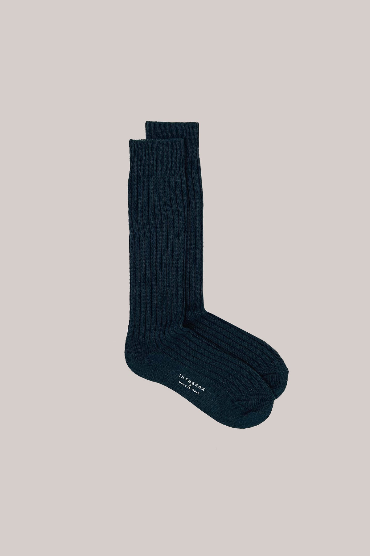 Ribbed dark green wool-blend socks with !NTHEBOX MADE IN ITALY printed on the sole