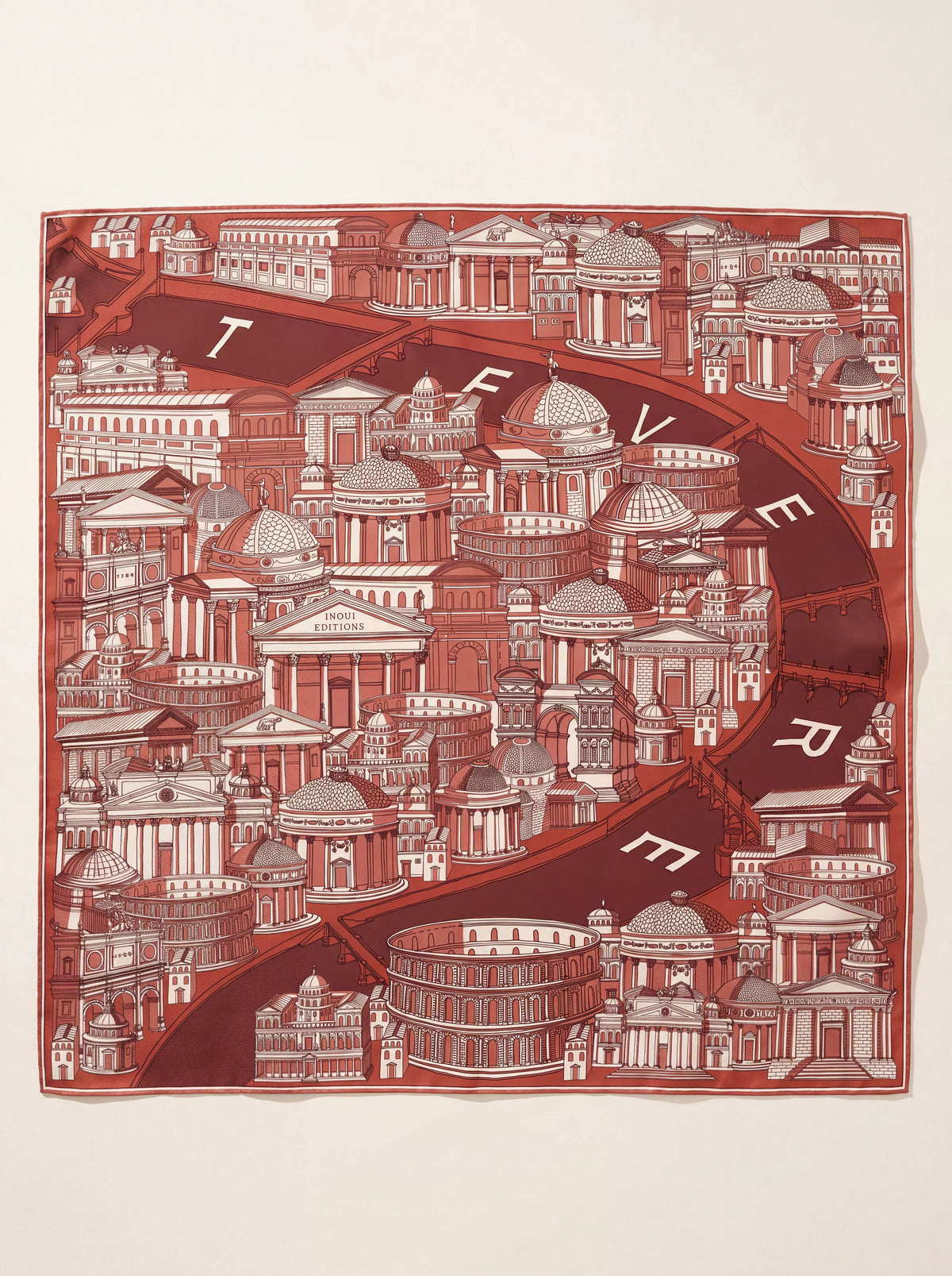 Terracotta square silk and modal scarf with an illustrated motif of Roman landmarks along the river Tiber
