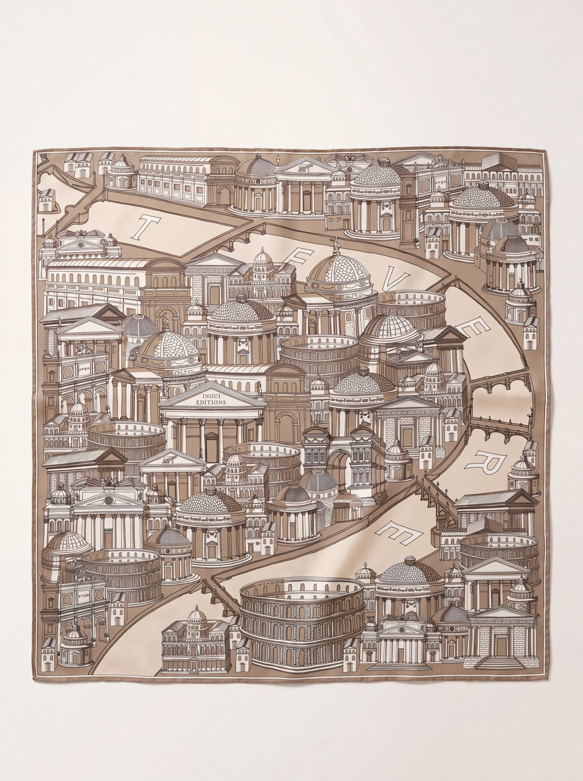 Beige square silk and modal scarf with an architectural print of Roman monuments along the Tiber river