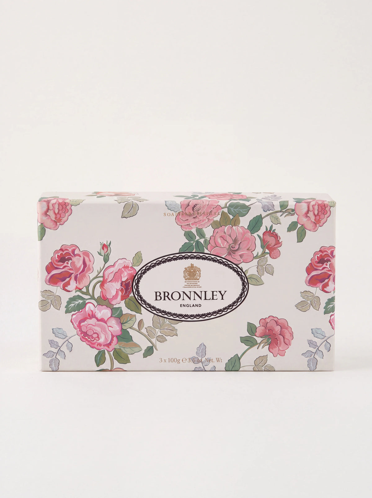 Rose scented soap set in a presentation box with pink rose illustrations, labelled 3 x 100g