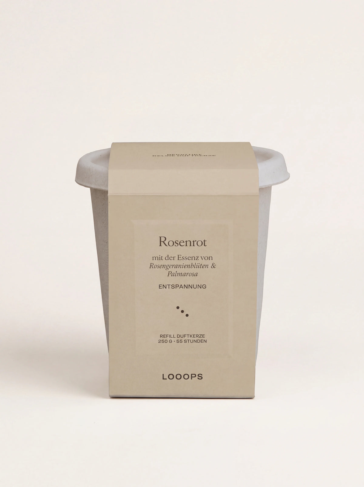 Rosenrot scented candle refill in a light grey compostable bagasse cup with a beige paper sleeve