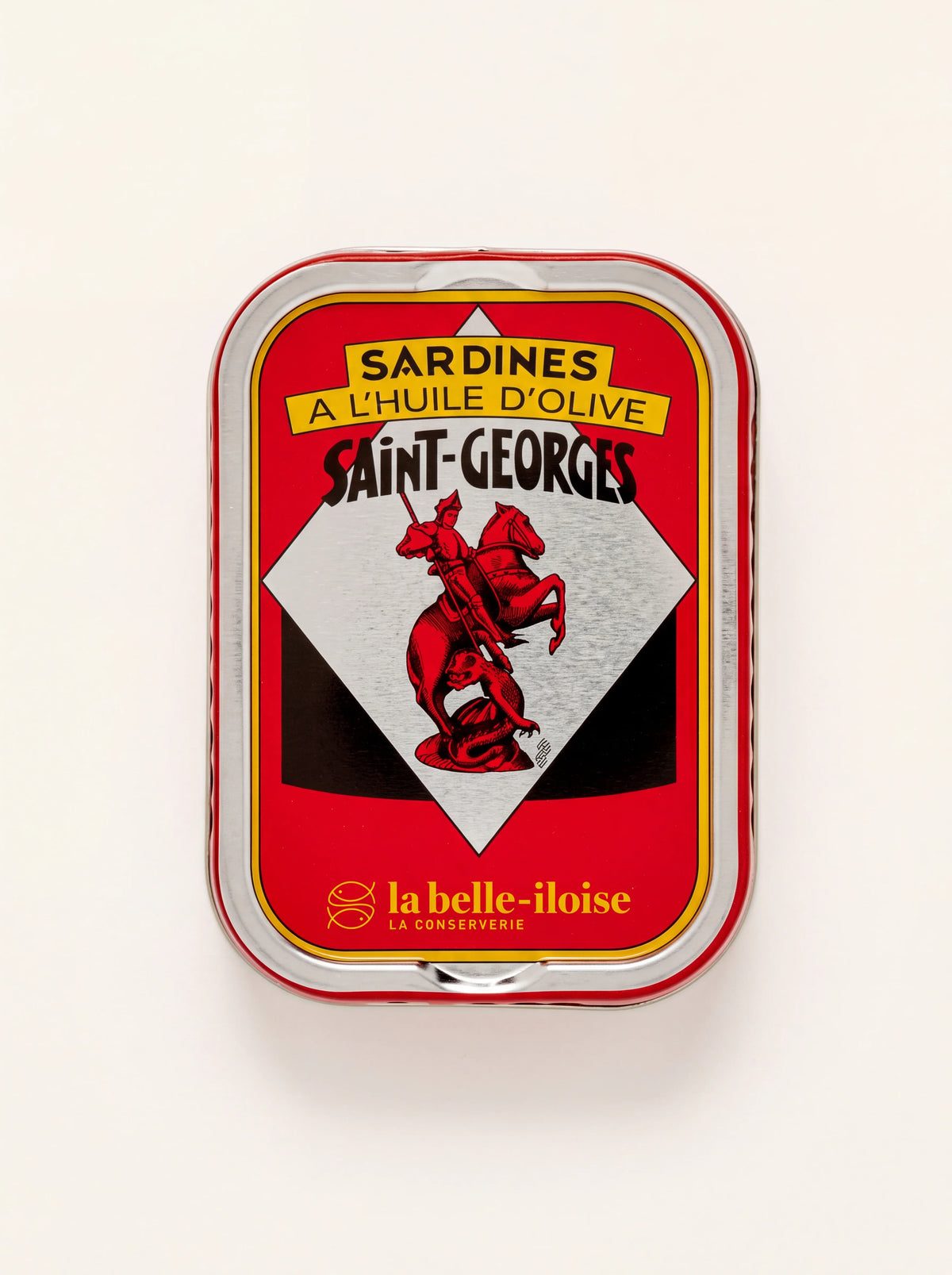 Tin of Saint-Georges sardines in olive oil with red and yellow illustration of Saint George