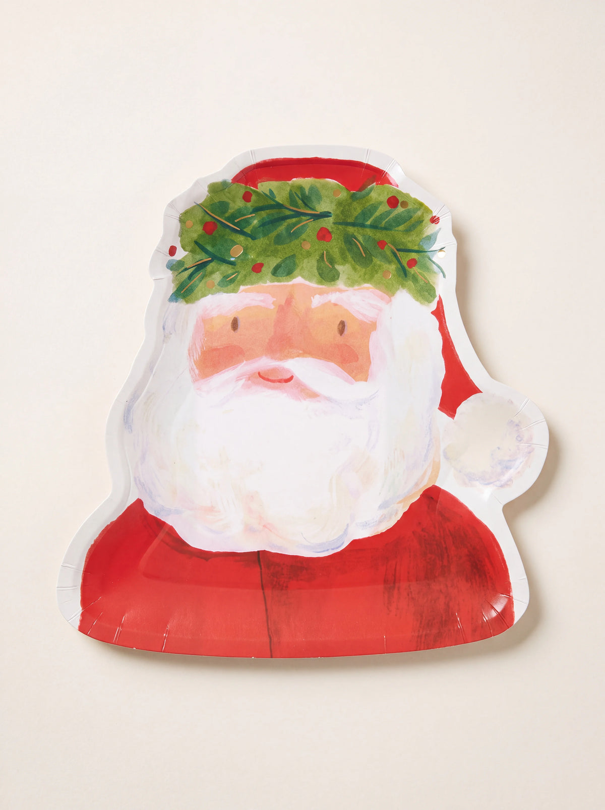 Die-cut paper plate shaped like Santa Claus with a white beard, red coat and green leafy crown