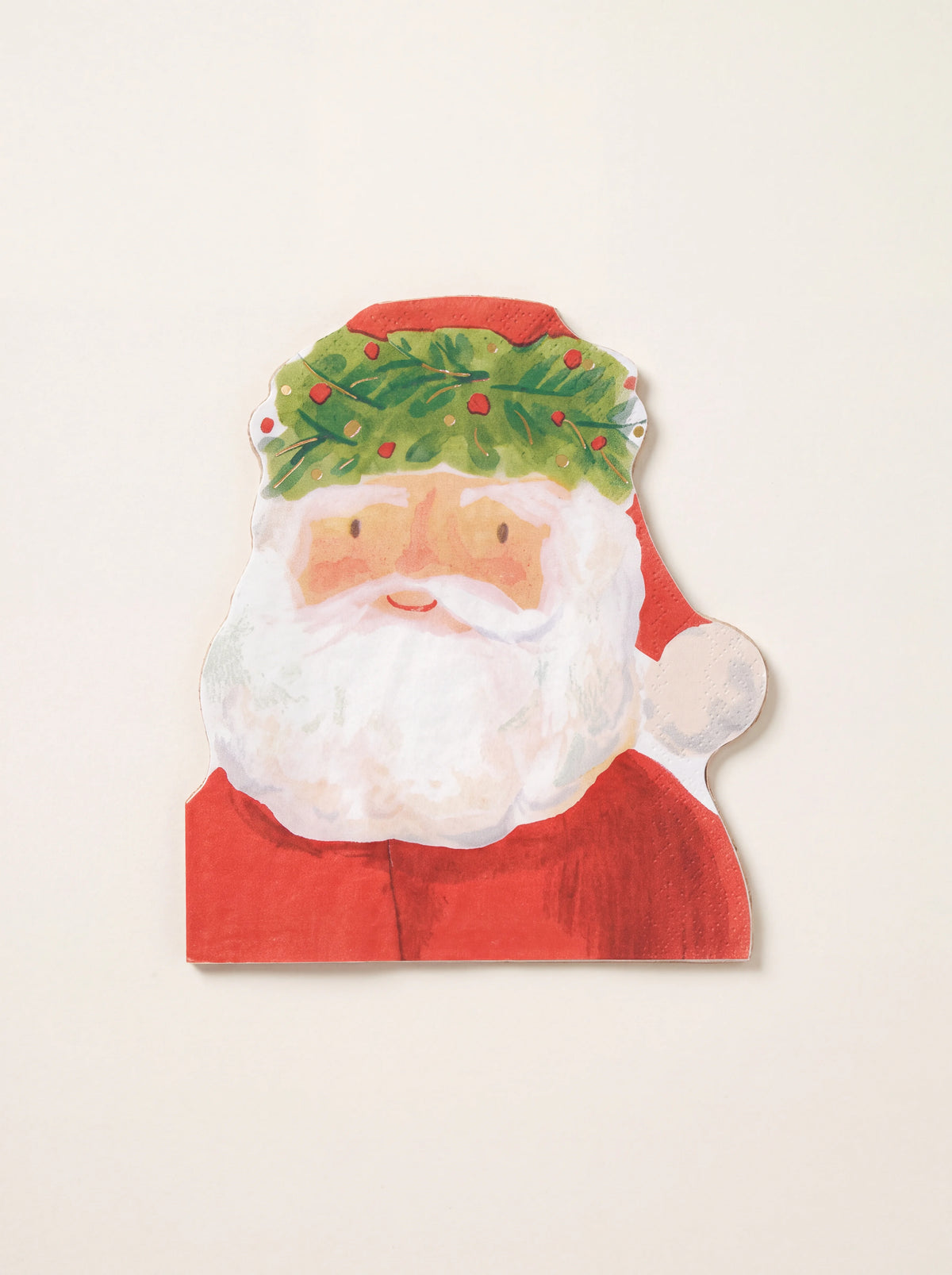 Die-cut Santa Claus paper napkin with a white beard, red coat and green leafy wreath