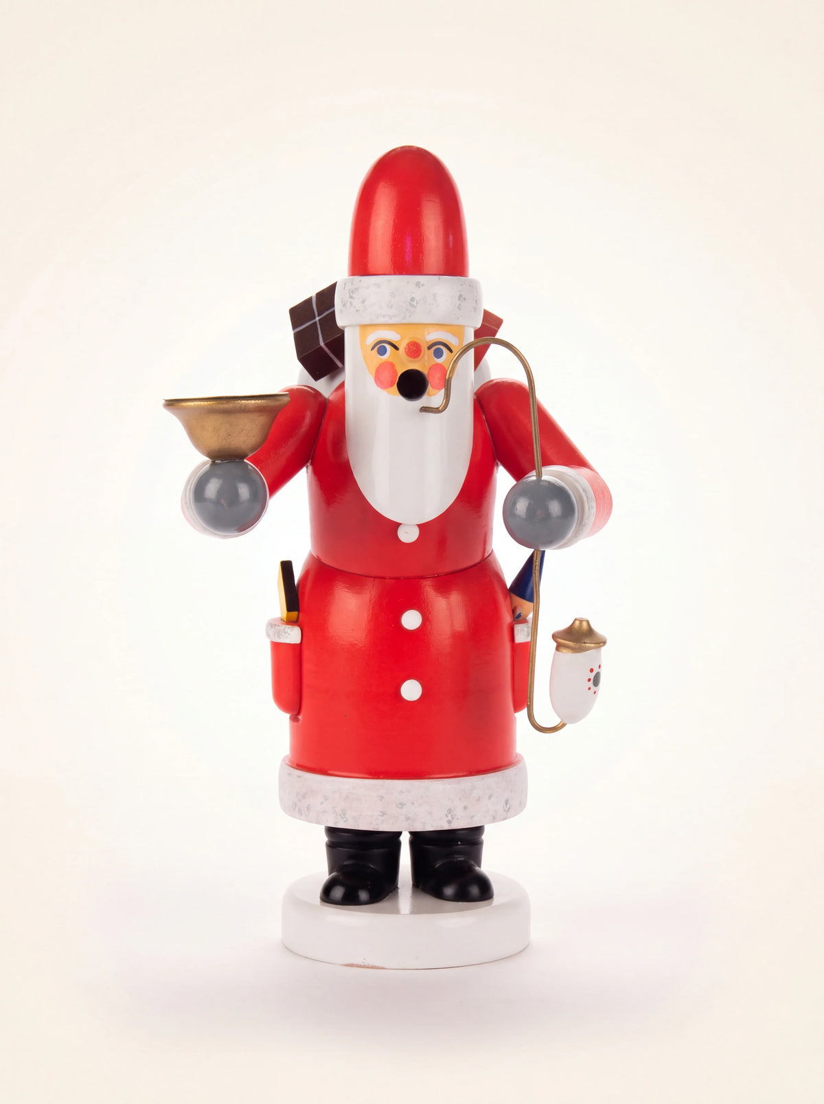 Painted wooden Santa Claus incense smoker holding a metal candle dish and a pipe