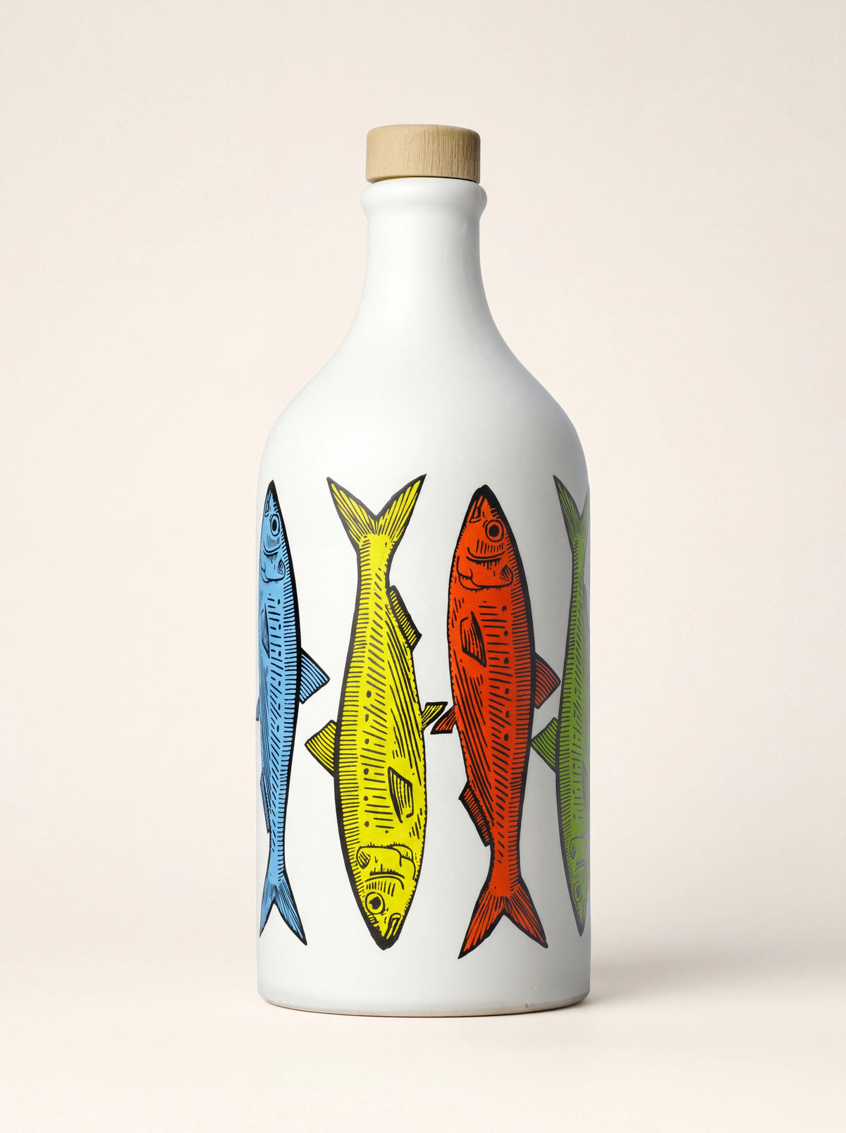 White ceramic olive oil bottle with colourful sardine illustrations and a wooden stopper