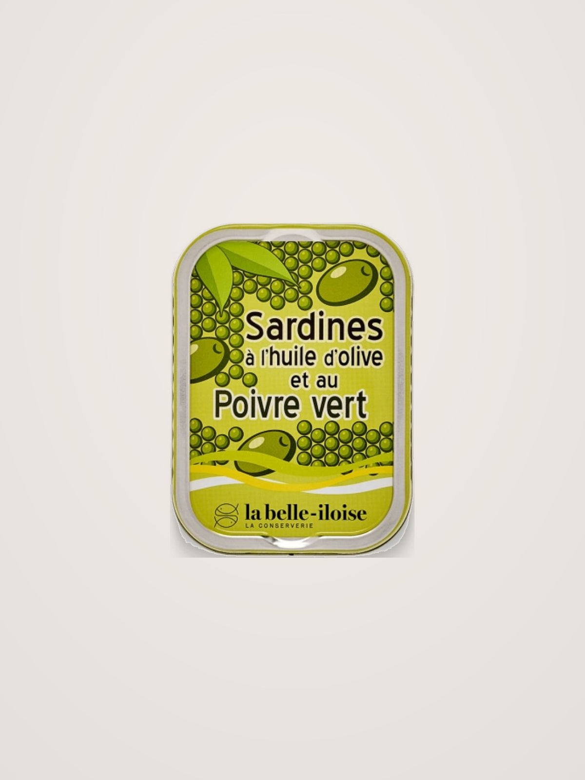 Tin of sardines in olive oil with green pepper, decorated with green peppercorns and olive illustrations