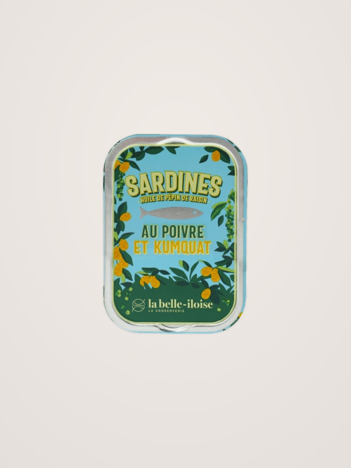 Tin of green pepper and kumquat sardines in grapeseed oil with a blue and citrus-illustrated lid