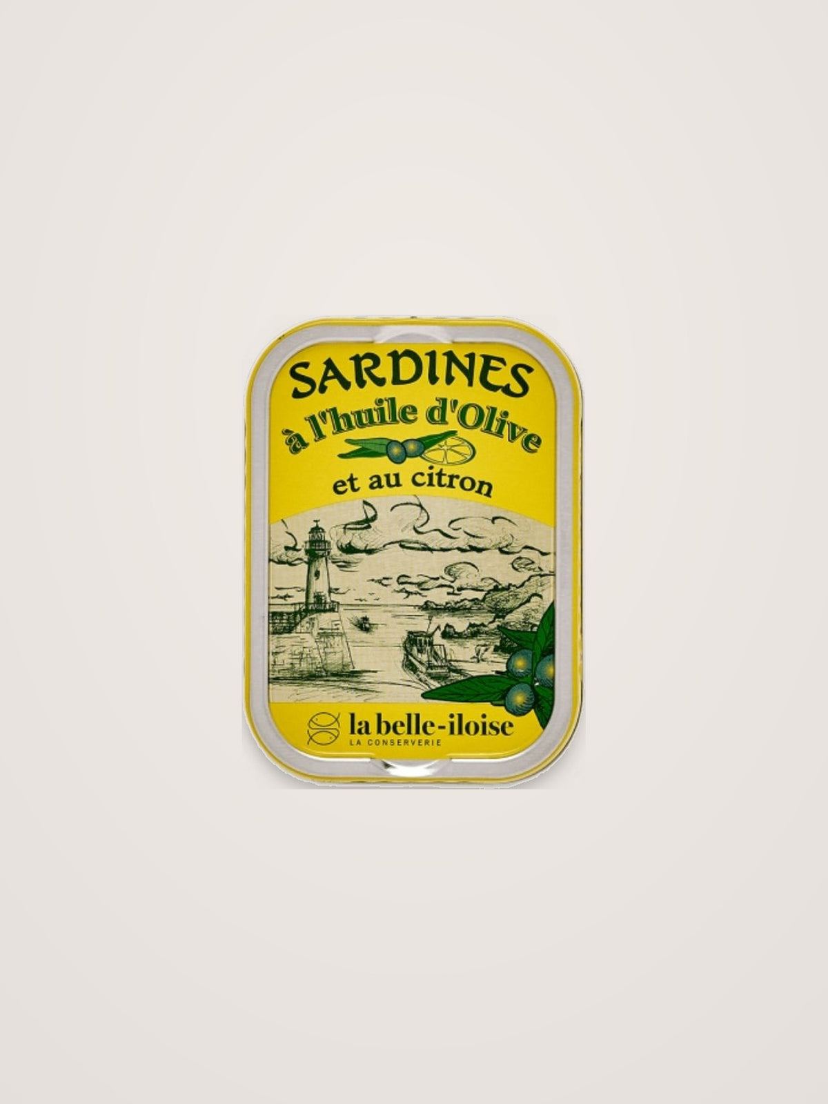 Yellow tin of sardines in extra virgin olive oil with lemon, featuring an illustrated coastal scene