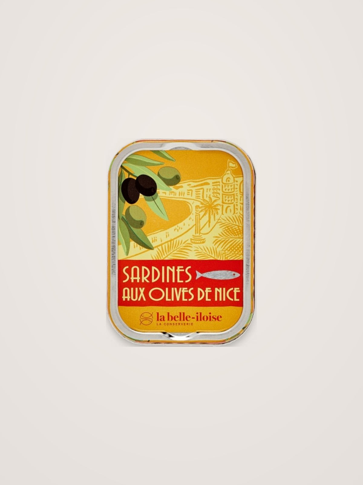 Tin of sardines with Niçoise olives featuring an illustrated label reading Sardines aux Olives de Nice