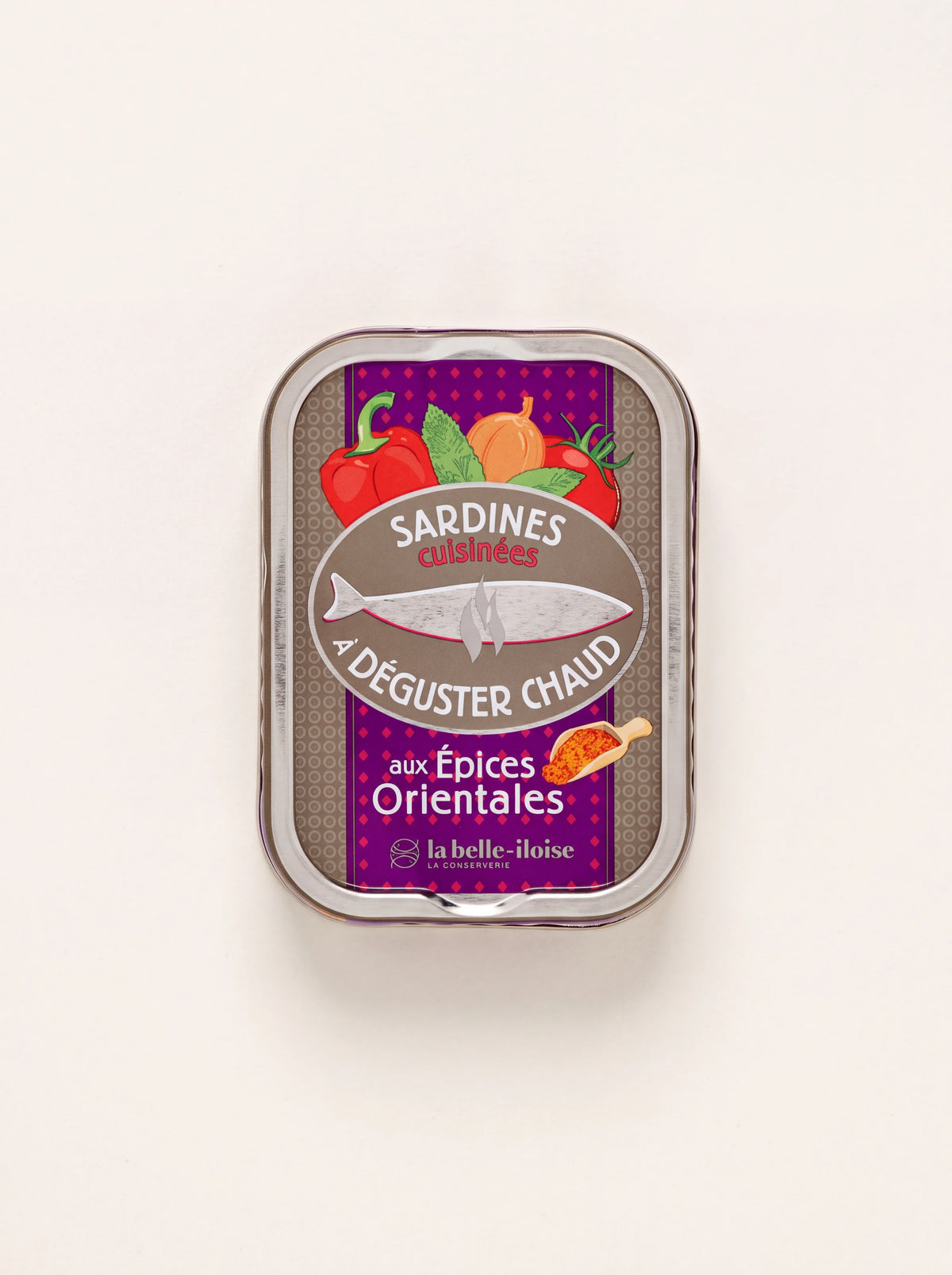 Sardines with oriental spices in a metal tin with a purple and red illustrated label