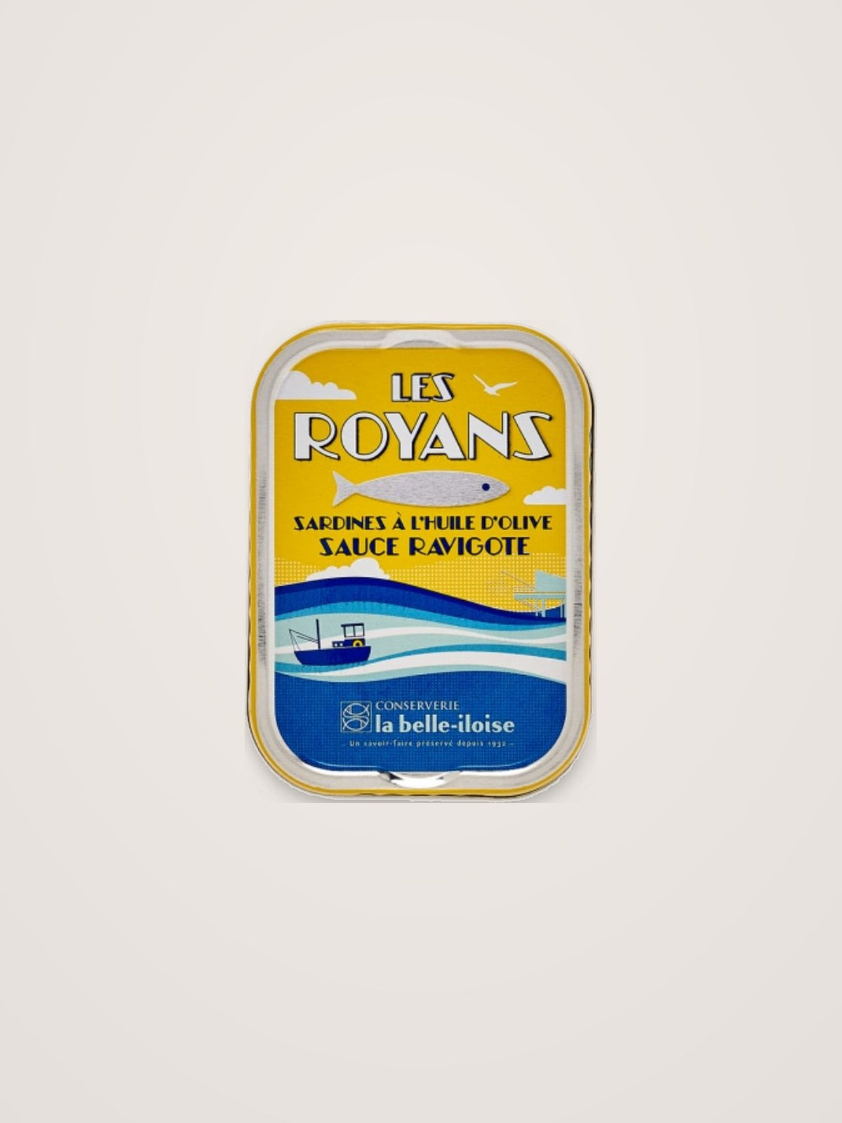Tin of sardines in yellow and blue packaging reading Les Royans Sardines à l'huile d'olive Sauce Ravigote